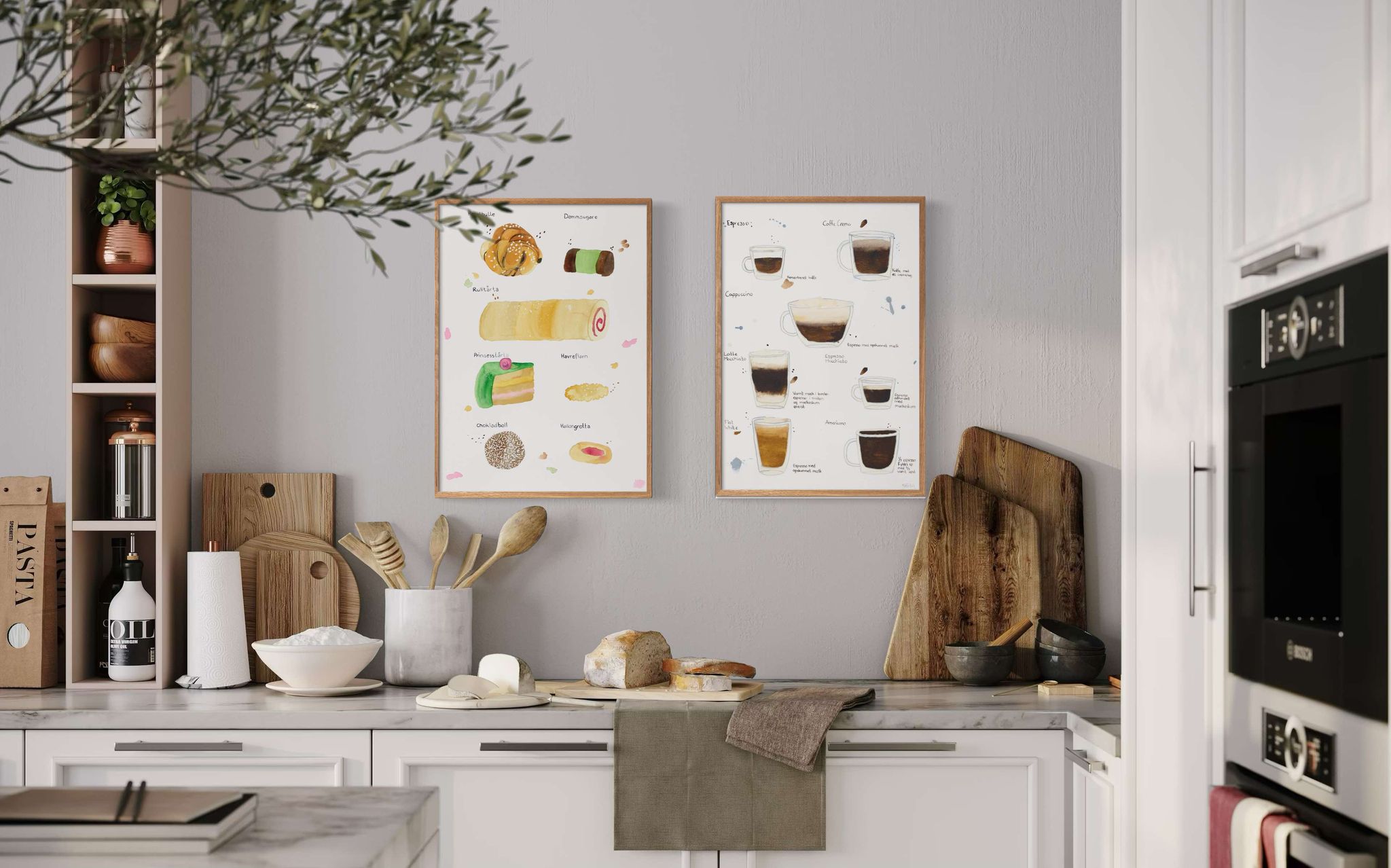 Forny dit køkken med akvarelplakater: kaffeplakat, wienerbrødsplakat og fika plakat